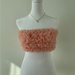 Peach Pink Ruffle Tulle Strapless Bandeau Crop Top
